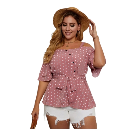 SHEIN Tops - 💐SHEIN Dusty Pink Cold Shoulder Polka Dot Belted Blouse (Curve+Plus 1X)